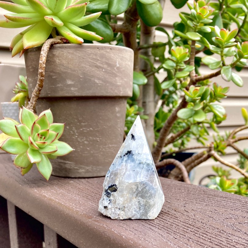 Moonstone rock in front of plants